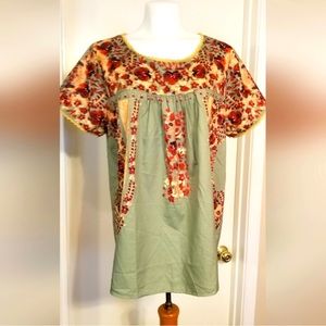 NWT Mexico Style E. RETRO Blouse / Top in Olive Green Beautiful Design Size XL